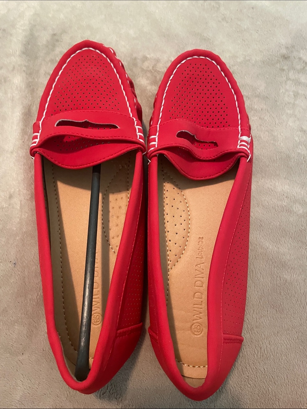 Wild Diva Red Perforated Slip-On Loafers with Contrast Stitching